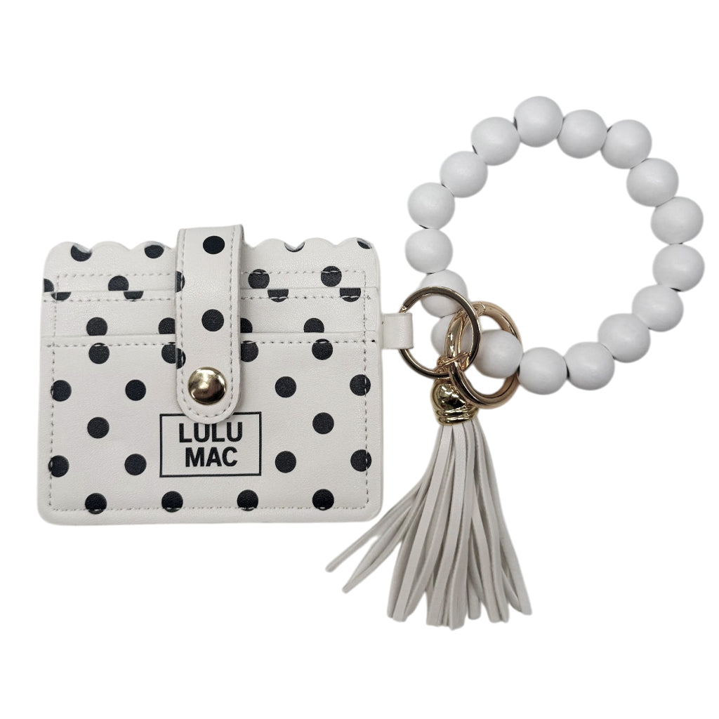 LM-PD-7311 Beaded Wristlet ID Wallet White/Black Dot