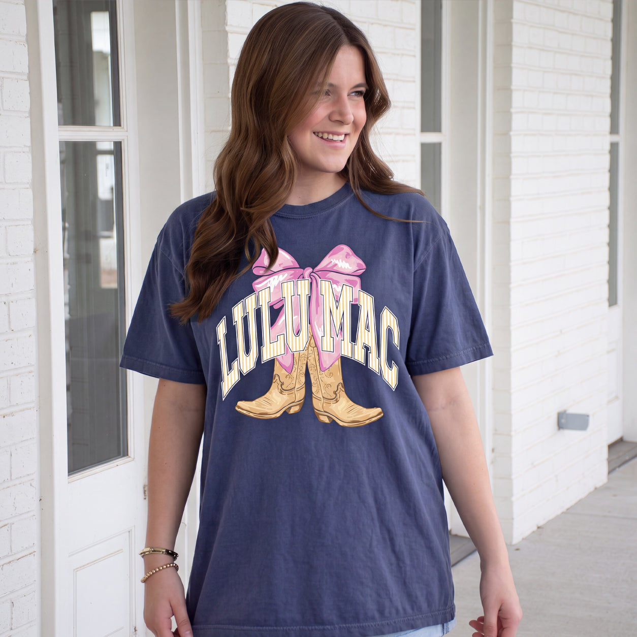 LM-TS-1008 Stripes Boots Adult Navy Comfort Colors Tee