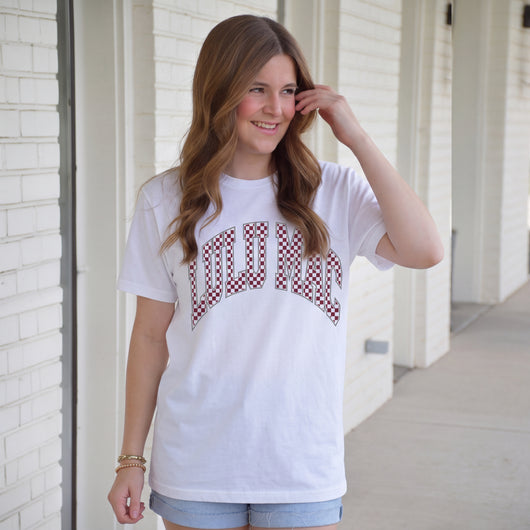 LM-TS-1006 Team Maroon/White Checkered Adult White Comfort Colors Tee