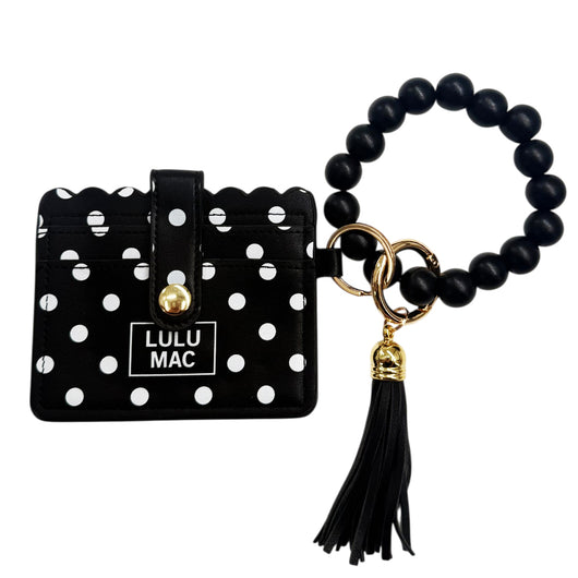 LM-PD-7311 Beaded Wristlet ID Wallet Black/White Dot