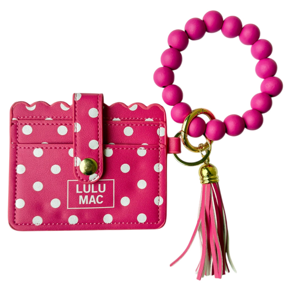 LM-PD-7311 Beaded Wristlet ID Wallet Hot Pink/White Dot