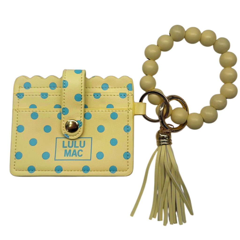 LM-PD-7311 Beaded Wristlet ID Wallet Yellow/Blue Dot