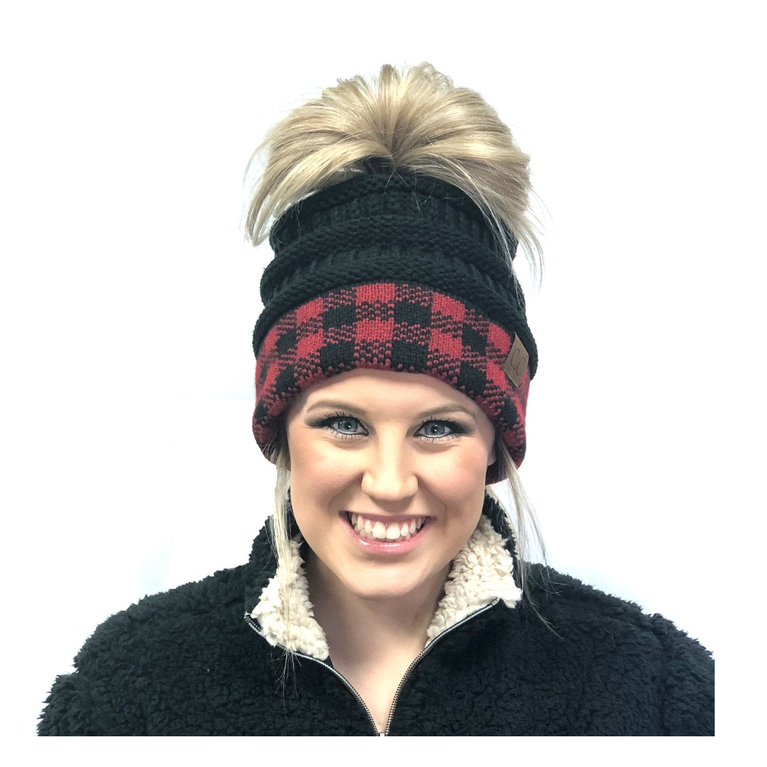 MB-17 MESSY BUN BUFFALO PLAID BLACK RED/BLACK